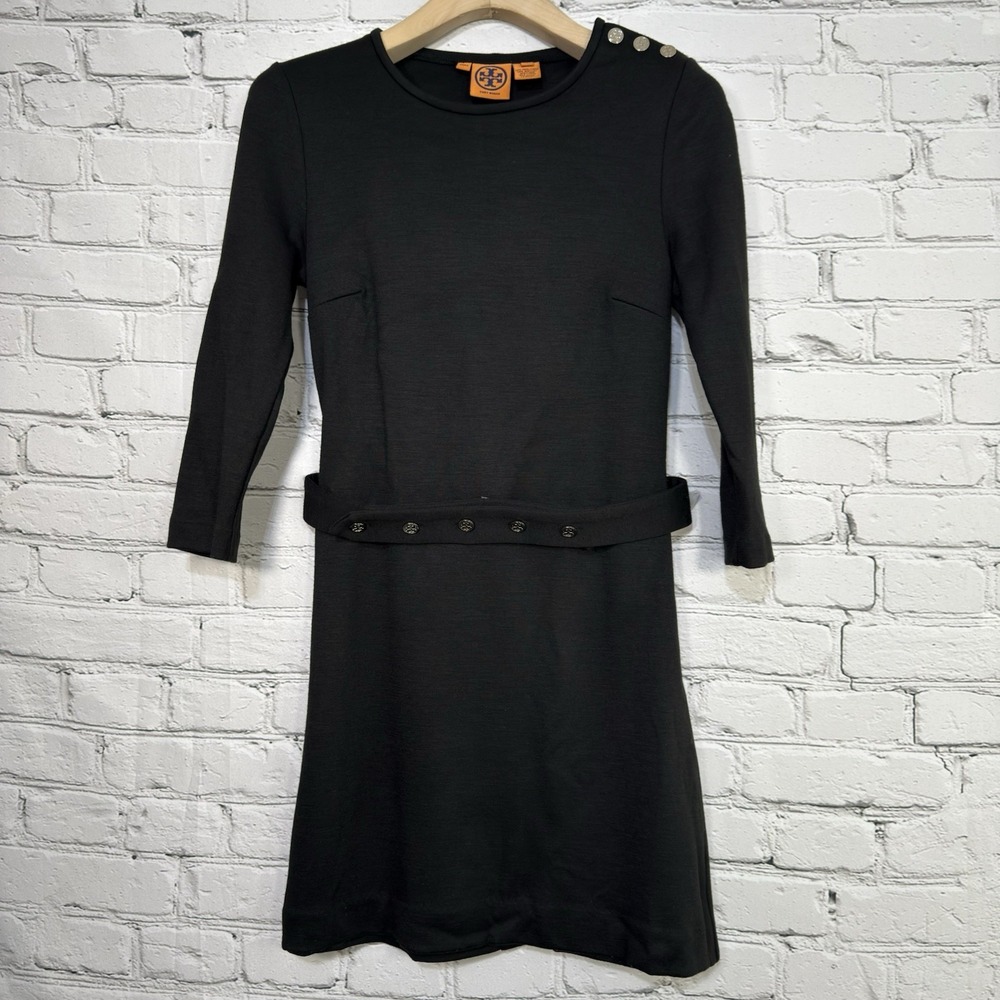 Tory Burch Womens‎ Mini Sheath Dress Size 4 Black Wool Blend Belted 3/4 Sleeve